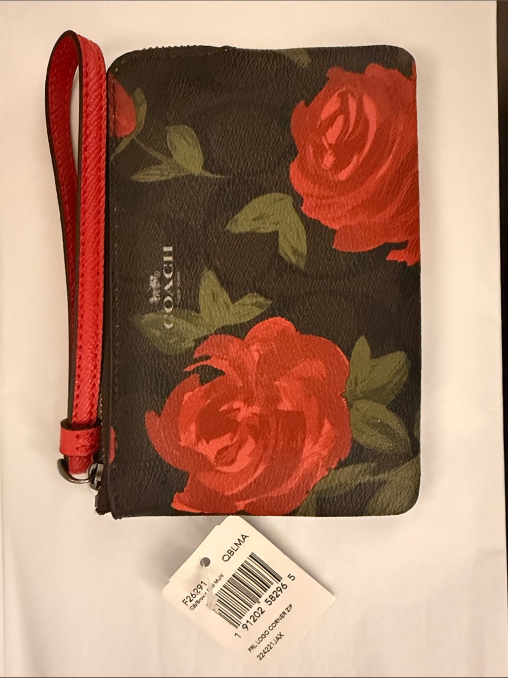 Coach Black Wristlet with Red Rose Print